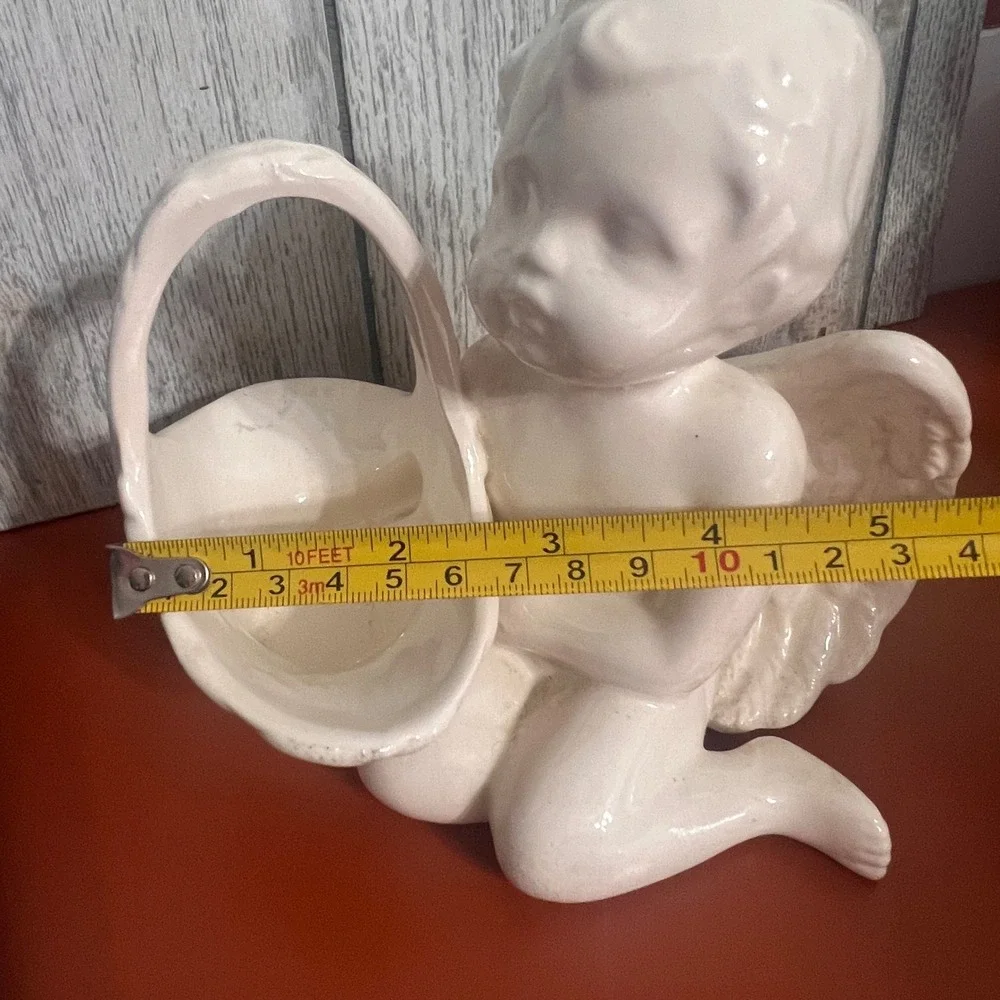 Vintage Ceramic Cherub Angel Figurine Planter Basket Trinket Dish Cream White